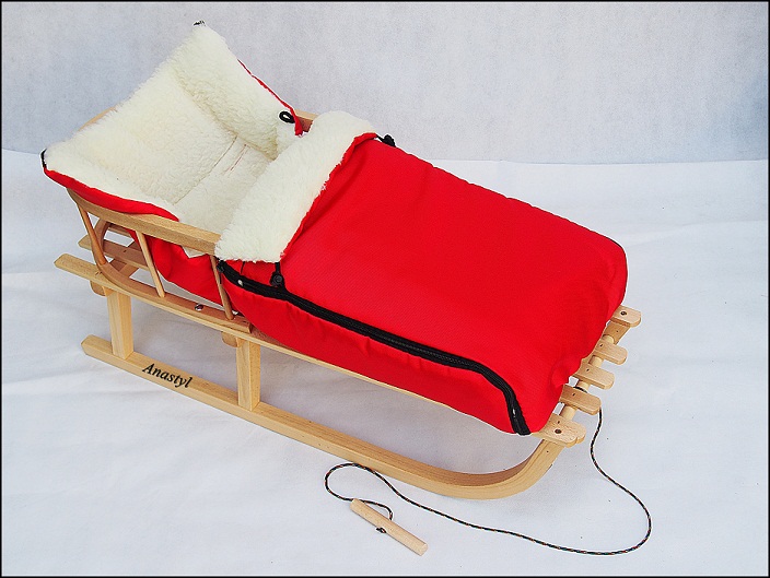Super Holzschlitten Schlitten mit Lehne, Fußsack, Wärmepolster, viele