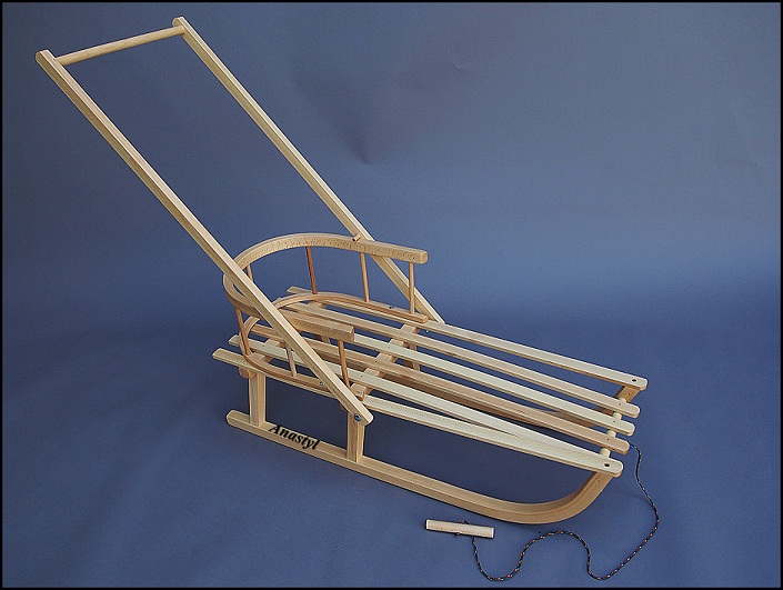 Super Holzschlitten Schlitten mit Lehne, Fußsack, Wärmepolster, viele